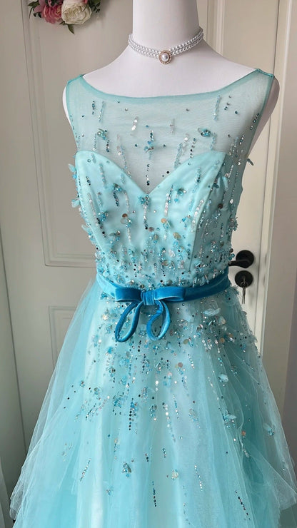 Beauty Prom Dress Crew Neck Pleated Tulle Evening Dress Gala Dress Birthday Party Outfits   D4124