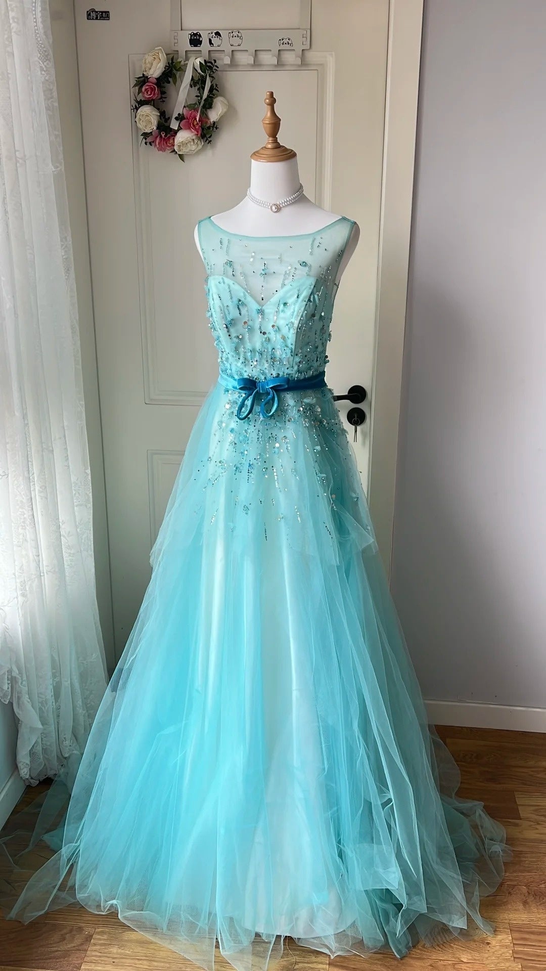 Beauty Prom Dress Crew Neck Pleated Tulle Evening Dress Gala Dress Birthday Party Outfits   D4124