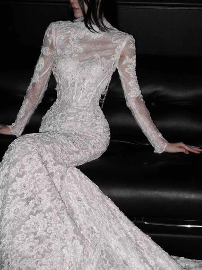Elegant Wedding Dress Crew Neck Backless Long Sleeves Mermaid Wedding Dress  D4142
