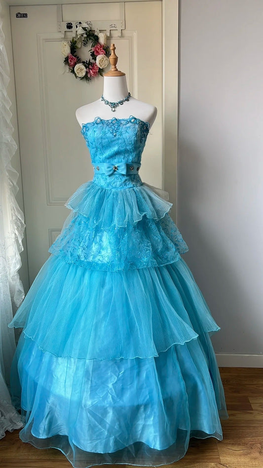 Beauty Prom Dress Strapless Pleated Tulle Ball Gown Evening Dress Quinceanera Dress       D4149