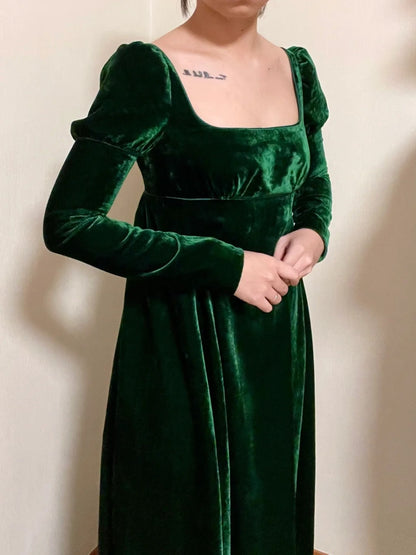 Retro Prom Dress Velvet Square Neck Long Sleeves Gala Gown Formal Dress Evening Dress D4161