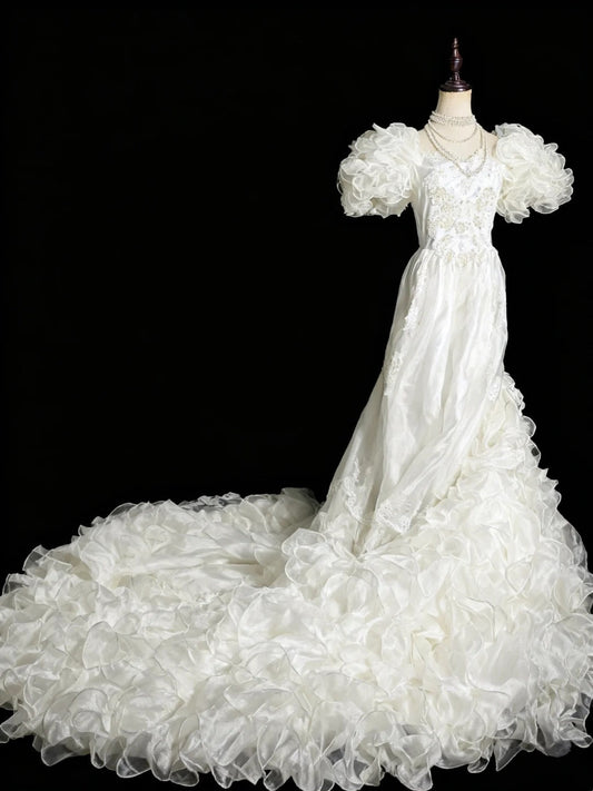 Vintage Wedding Dress Asymmetrical Neck Pleated Ruffle Wedding Dress  D4200