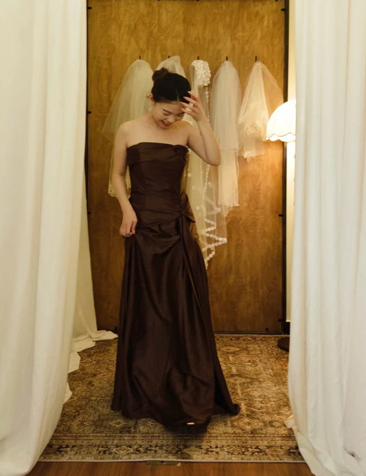 Minimalist Prom Dress Brown Strapless Pleated Gala Dress Evening Dress Formal Dress  D4219