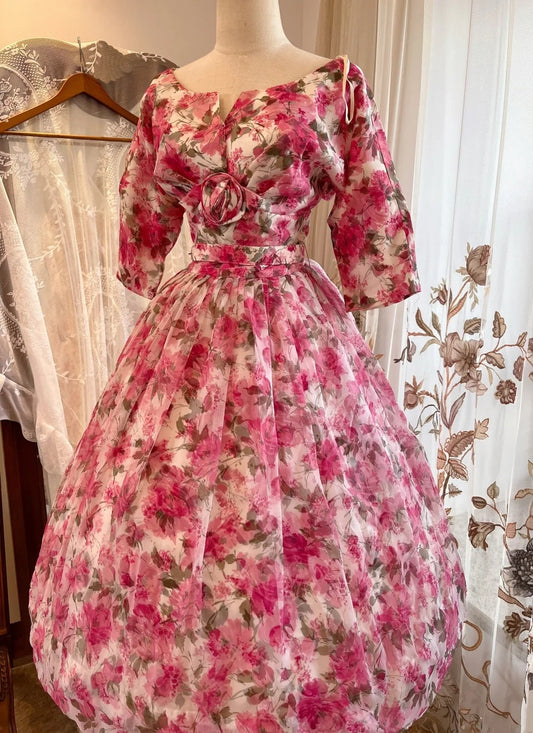 Newest Prom Dress Boat Neck Print Ball Gown Evening Dress Birthday Party Dress       D4234