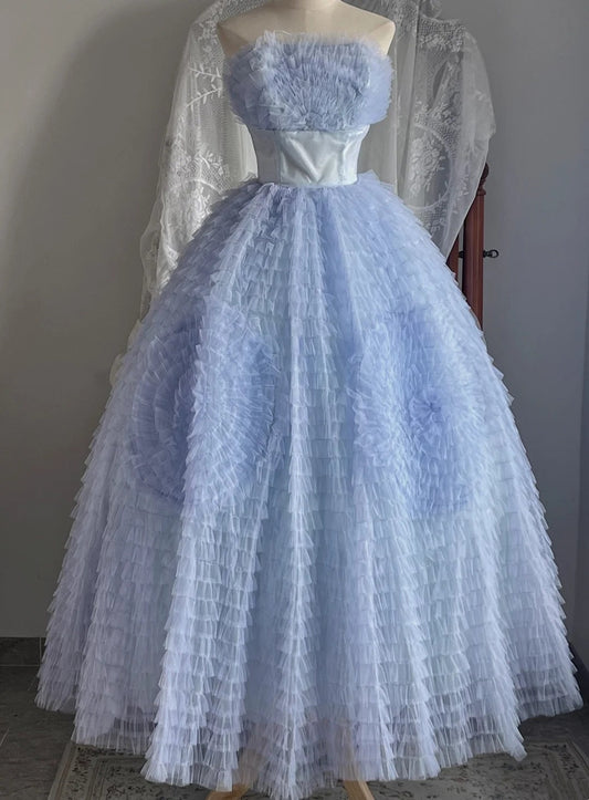 Pretty Prom Dress Strapless Pleated Tulle Ball Gown Evening Dress Quinceanera Dress Birthday Party Dress       D4237