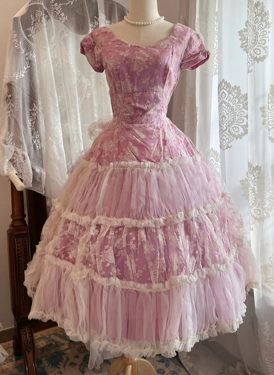 Sweet Prom Dress Short Sleeves Tulle Pleated Evening Dress Gala Dress Birthday Party Dress  D4240