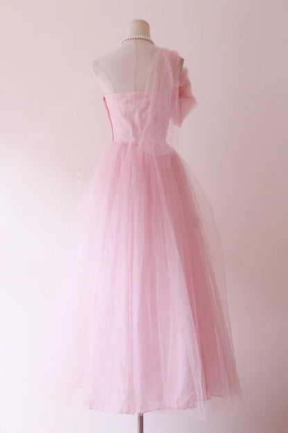 Hot Sale Prom Dress Light Pink Asymmetrical Neck Tulle Evening Dress Gala Dress Party Dress  D4247