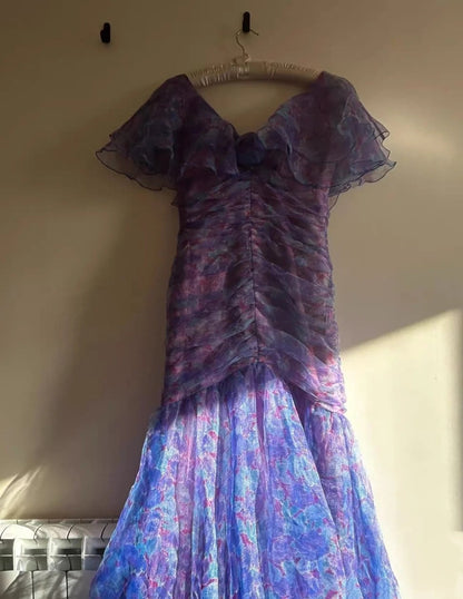 Stunning Prom Dress V-neck Pleated Print Mermaid Formal Dress Evening Dress Gala Dress  D4274
