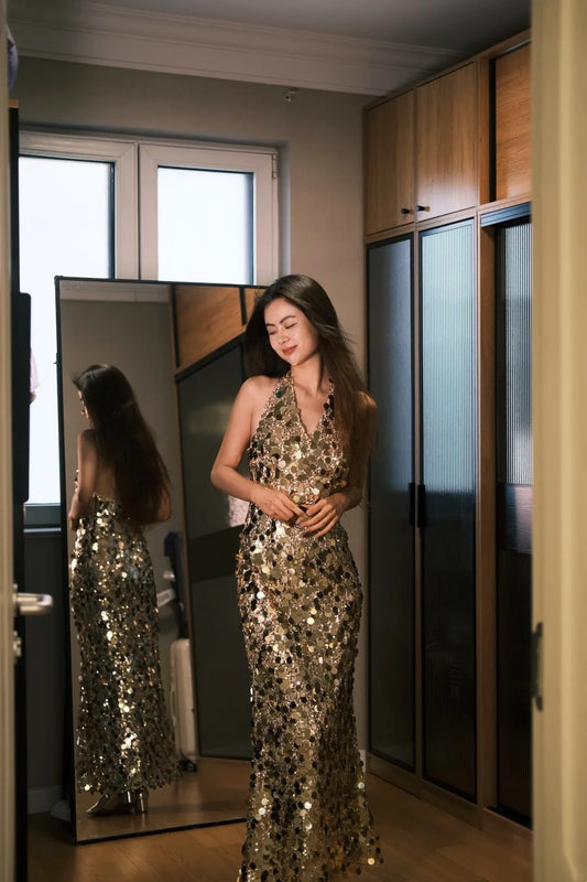 Shiny Prom Dress V-neck Backless Sequins Birthday Party Dress Evening Dress Cocktail Dress  D4288