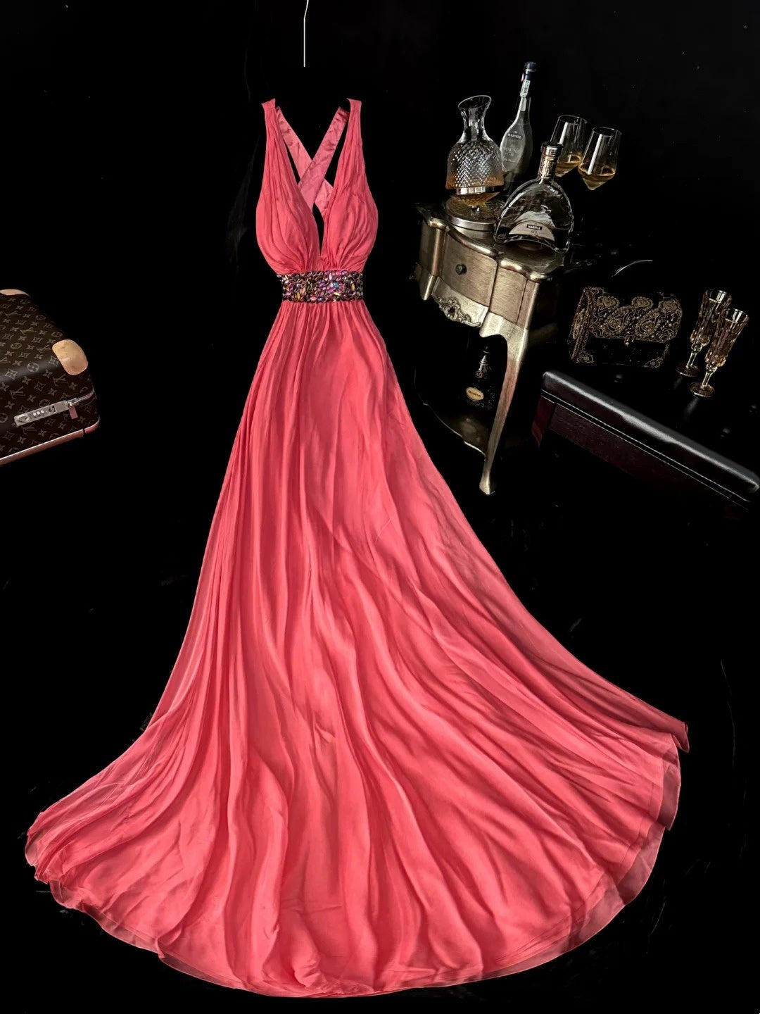 Chic Prom Dress V-neck Pleated Formal Dress Gala Dress Evening Dress   D4305