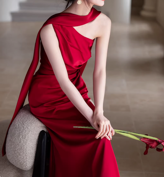 Minimalist Prom Dress Wine Red Asymmetrical Neck Pleated Gala Dress Evening Dress Formal Dress D4314