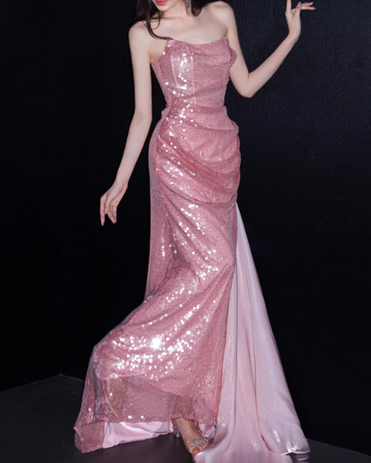 Shiny Prom Dress Strapless Pleated Gala Dress Evening Dress Formal Dress   D4316