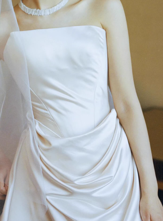New Arrival Wedding Dress Satin A Line Asymmetrical Neck Pleated Wedding Dresses   D4325