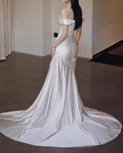 Newest Wedding Dress Satin Off Shoulder Pleated Mermaid Wedding Dresses   D4326