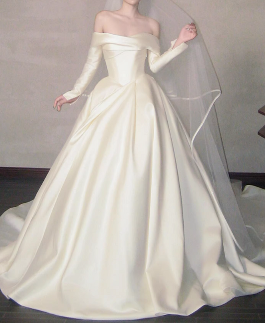New Design Wedding Dress Satin Off Shoulder Long Sleeves Pleated Wedding Dresses D4331
