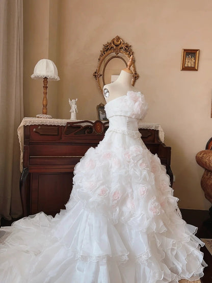 Pretty Wedding Dress Strapless Flower Tiered Ruffle Wedding Dress  D4339