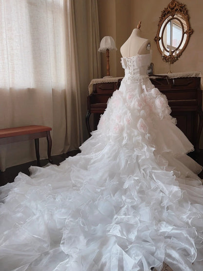 Pretty Wedding Dress Strapless Flower Tiered Ruffle Wedding Dress  D4339