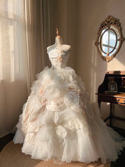 Beauty Wedding Dress Strapless Flower Pleated Tulle Wedding Dress  D4351