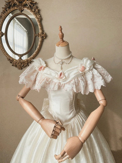 Retro Wedding Dress Crew Neck Pleated Flower Wedding Dress  D4354