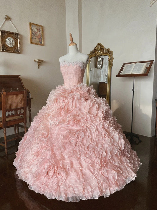 Charming Prom Dress Light Pink Strapless Pleated Tiered Quinceanera Dress Ball Gown Evening Dress       D4357