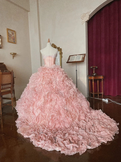 Charming Prom Dress Light Pink Strapless Pleated Tiered Quinceanera Dress Ball Gown Evening Dress       D4357