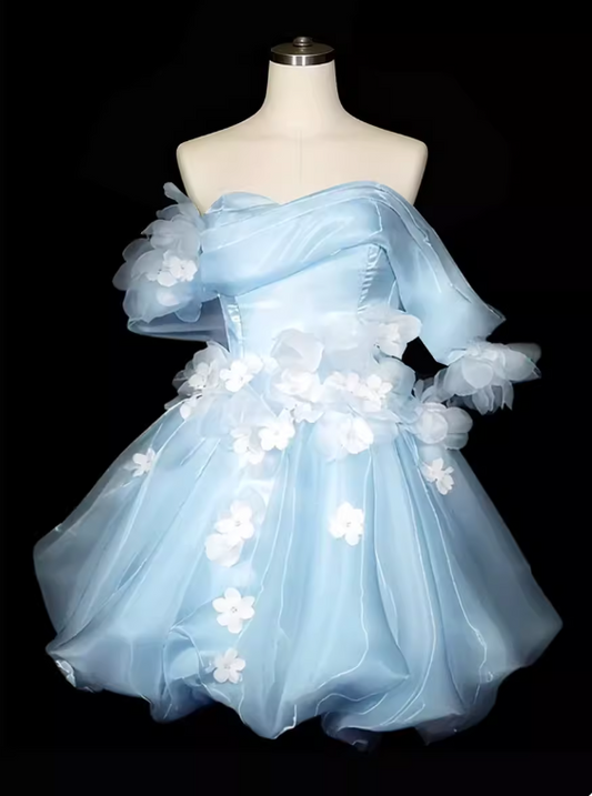 New Arrival Homecoming Dress Off Shoulder Pleated Floral Short Prom Dress Birthday Party Outfits    D4381