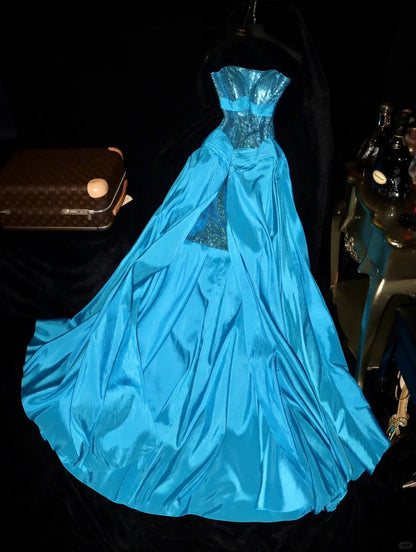 Shiny Prom Dress Strapless Slit Birthday Party Dress Evening Dress   D4395