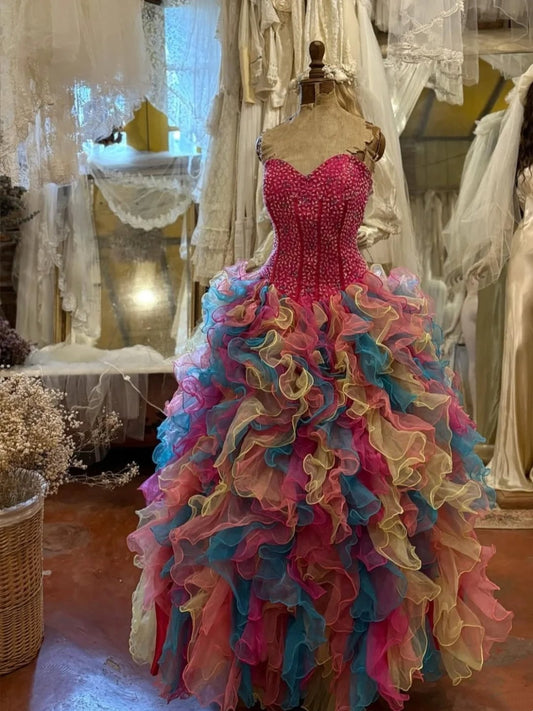Colorful Prom Dress Sweetheart Ruffle Evening Dress Quinceanera Dress Ball Gown      D4413