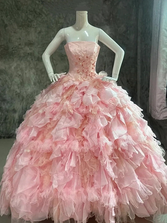 Sweet Prom Dress Strapless Pleated Tulle Evening Dress Quinceanera Dress Ball Gown      D4424