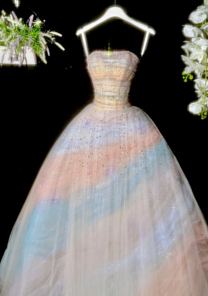 Colorful Prom Dress Strapless Pleated Tulle Evening Dress Quinceanera Dress Ball Gown      D4464