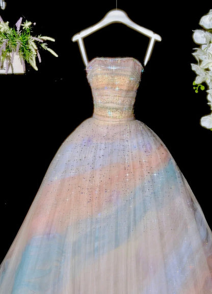 Colorful Prom Dress Strapless Pleated Tulle Evening Dress Quinceanera Dress Ball Gown      D4464