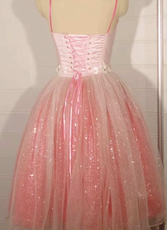 Shiny Homecoming Dress Spaghetti Straps Pleated Tulle Prom Dress Birthday Party Outfits    D4465