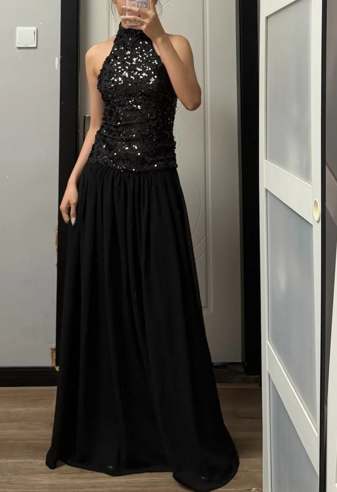 Shiny Prom Dress Black Halter Pleated Gala Dress Evening Dress Cocktail Dress  D4490