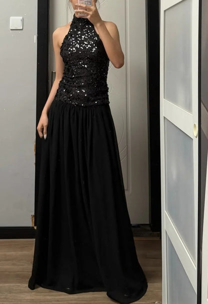 Shiny Prom Dress Black Halter Pleated Gala Dress Evening Dress Cocktail Dress  D4490