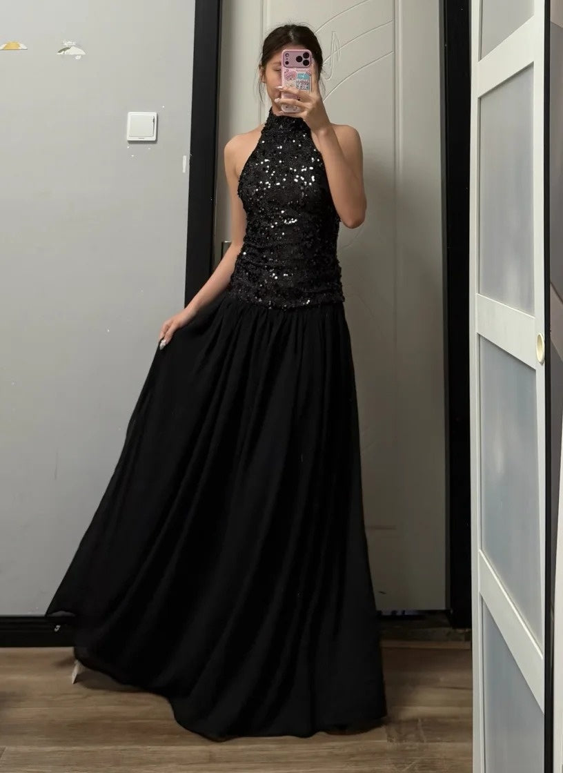 Shiny Prom Dress Black Halter Pleated Gala Dress Evening Dress Cocktail Dress  D4490
