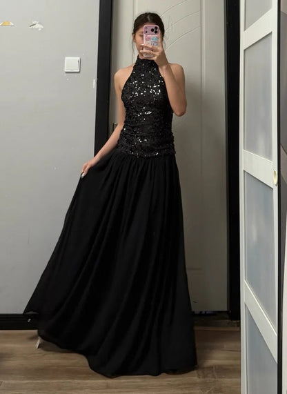 Shiny Prom Dress Black Halter Pleated Gala Dress Evening Dress Cocktail Dress  D4490