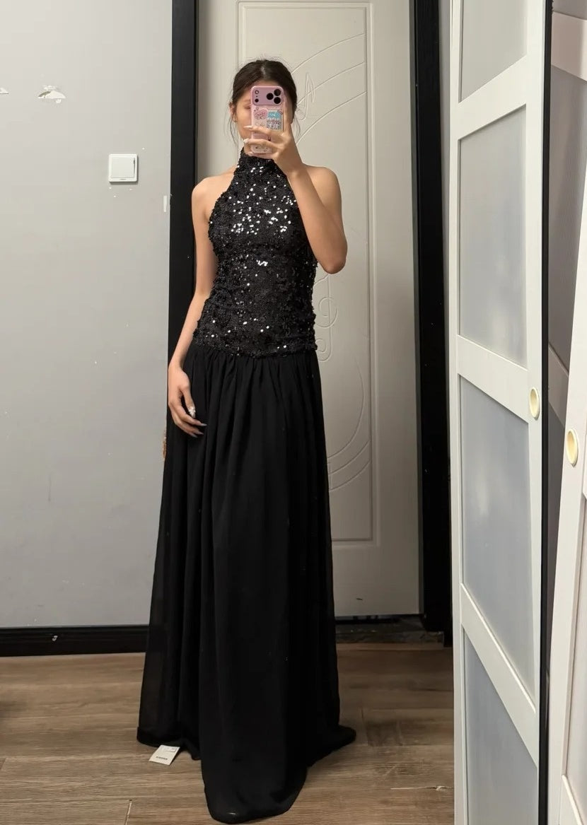 Shiny Prom Dress Black Halter Pleated Gala Dress Evening Dress Cocktail Dress  D4490