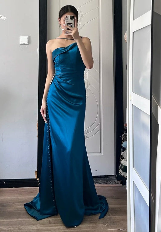 Elegant Prom Dress Dark Blue Asymmetrical Neck Pleated Gala Dress Evening Dress Cocktail Dress D4494