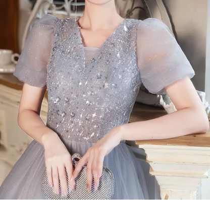 Shiny Prom Dress Short Sleeves Tulle Pleated Gala Dress Evening Dress Formal Dress  D4513