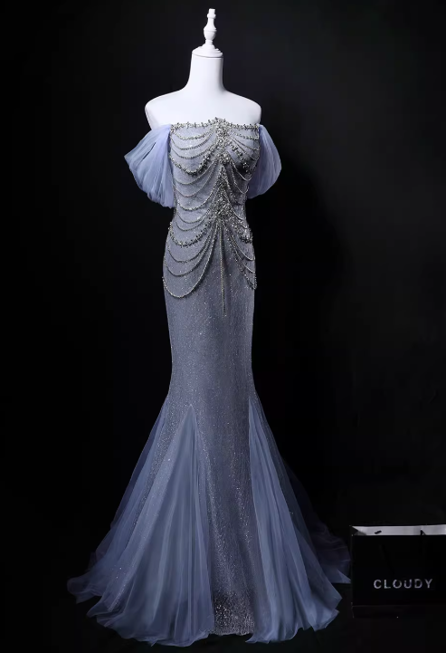 Shiny Prom Dress Off Shoulder Pleated Mermaid Gala Dress Evening Dress Formal Dress  D4526