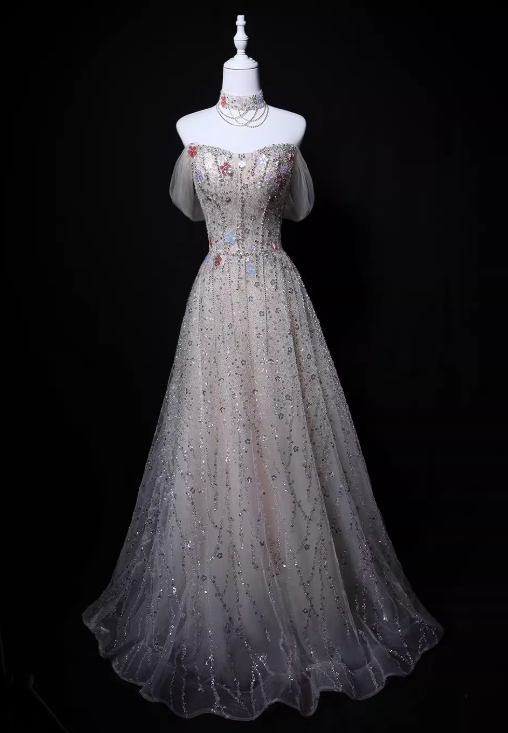 Shiny Prom Dress A Line Off Shoulder Tulle Gala Dress Evening Dress Formal Dress  D4527