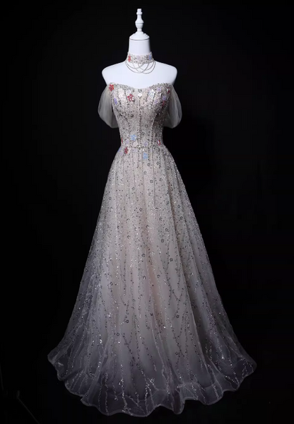 Shiny Prom Dress A Line Off Shoulder Tulle Gala Dress Evening Dress Formal Dress  D4527
