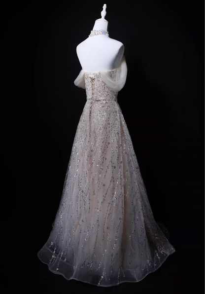 Shiny Prom Dress A Line Off Shoulder Tulle Gala Dress Evening Dress Formal Dress  D4527