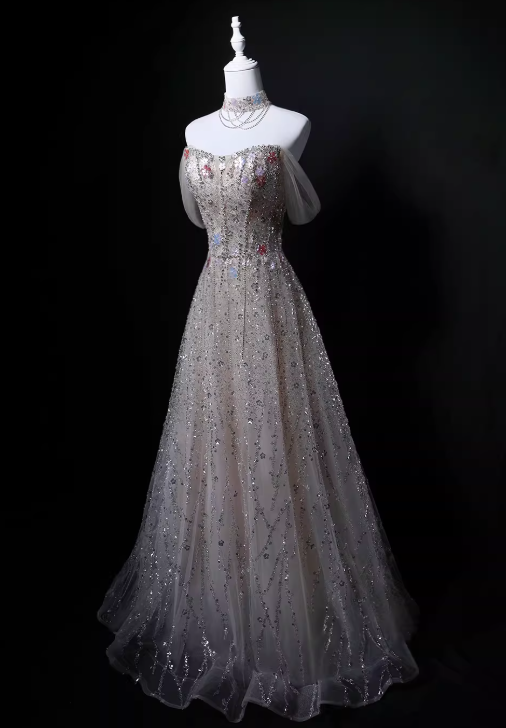 Shiny Prom Dress A Line Off Shoulder Tulle Gala Dress Evening Dress Formal Dress  D4527