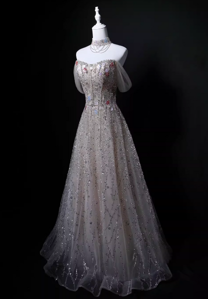 Shiny Prom Dress A Line Off Shoulder Tulle Gala Dress Evening Dress Formal Dress  D4527