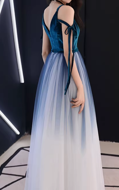 Ombre Prom Dress V-neck Pleated Tulle Gala Dress Evening Dress Formal Dress  D4539