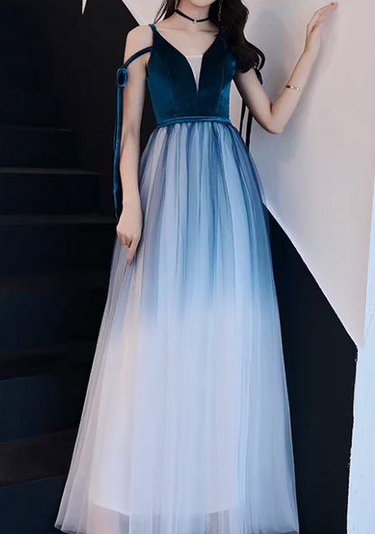 Ombre Prom Dress V-neck Pleated Tulle Gala Dress Evening Dress Formal Dress  D4539