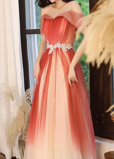 Ombre Prom Dress Crew Neck Pleated Tulle Gala Dress Evening Dress Formal Dress  D4547