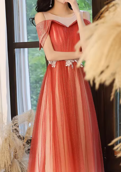 Ombre Prom Dress Crew Neck Pleated Tulle Gala Dress Evening Dress Formal Dress  D4547