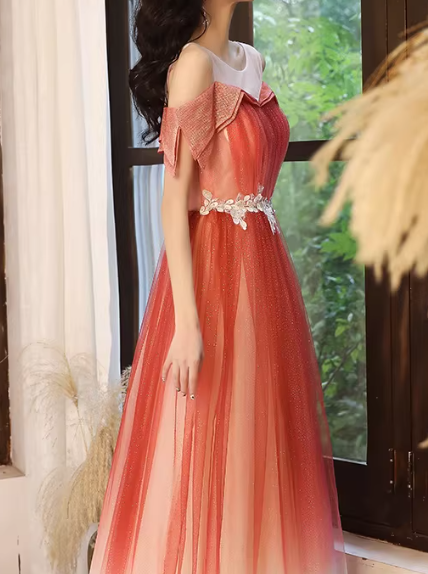 Ombre Prom Dress Crew Neck Pleated Tulle Gala Dress Evening Dress Formal Dress  D4547